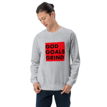 Load image into Gallery viewer, GOD GOALS GRIND Unisex Sweatshirt (Black Print/Red Box)