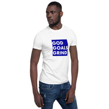 Load image into Gallery viewer, GOD GOALS GRIND Unisex Tee (White Print/Blue Box)