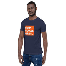 Load image into Gallery viewer, GOD GOALS GRIND Unisex Tee (White Print/Orange Box)