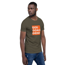 Load image into Gallery viewer, GOD GOALS GRIND Unisex Tee (White Print/Orange Box)