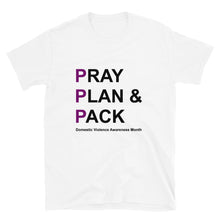 Load image into Gallery viewer, PRAY PLAN PACK - DV Awareness Unisex Tee (Purple/Black Print)