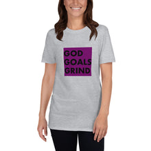Load image into Gallery viewer, GOD GOALS GRIND Unisex Tee (Black Print/Purple Box)