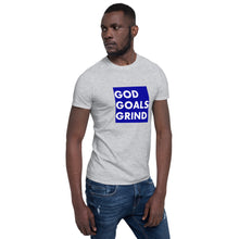 Load image into Gallery viewer, GOD GOALS GRIND Unisex Tee (White Print/Blue Box)