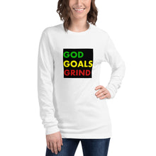 Load image into Gallery viewer, GOD GOALS GRIND Unisex Long Sleeve Tee (Green/Yellow/Red Print)