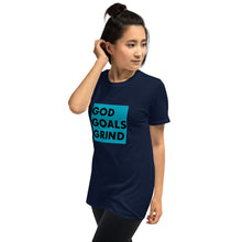 Load image into Gallery viewer, GOD GOALS GRIND Unisex Tee (Black Print/Teal Box)