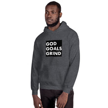 Load image into Gallery viewer, GOD GOALS GRIND Unisex Hoodie (White print / Black box)