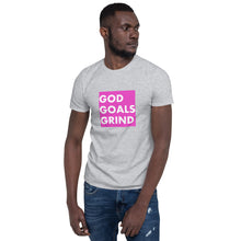 Load image into Gallery viewer, GOD GOALS GRIND Unisex Tee (White Print/Fuchsia Pink Box)