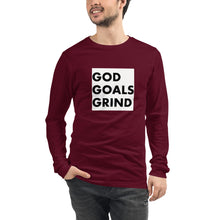 Load image into Gallery viewer, GOD GOALS GRIND Unisex Long Sleeve Tee (Black Print/White Box)