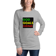 Load image into Gallery viewer, GOD GOALS GRIND Unisex Long Sleeve Tee (Green/Yellow/Red Print)