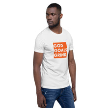 Load image into Gallery viewer, GOD GOALS GRIND Unisex Tee (White Print/Orange Box)