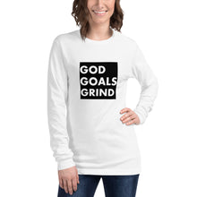 Load image into Gallery viewer, GOD GOALS GRIND Unisex Long Sleeve Tee (White Print/Black Box)