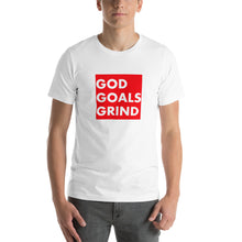 Load image into Gallery viewer, GOD GOALS GRIND Unisex Tee (White Print/Red Box)