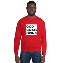 Load image into Gallery viewer, GOD GOALS GRIND Unisex Sweatshirt (Black Print/White Box)