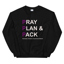 Load image into Gallery viewer, PRAY PLAN PACK - DV Awareness Unisex Sweatshirt (Purple/White Print)