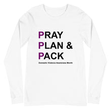 Load image into Gallery viewer, PRAY PLAN PACK - DV Awareness Unisex Long Sleeve Tee (Purple/Black Print)