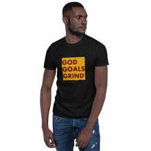 Load image into Gallery viewer, GOD GOALS GRIND Unisex Tee (Maroon Print/Gold Box)