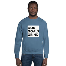 Load image into Gallery viewer, GOD GOALS GRIND Unisex Sweatshirt (Black Print/White Box)