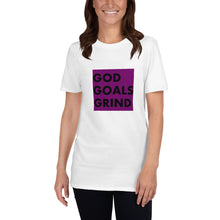 Load image into Gallery viewer, GOD GOALS GRIND Unisex Tee (Black Print/Purple Box)