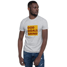 Load image into Gallery viewer, GOD GOALS GRIND Unisex Tee (Maroon Print/Gold Box)