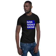Load image into Gallery viewer, GOD GOALS GRIND Unisex Tee (White Print/Blue Box)