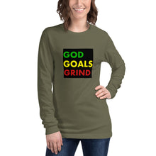 Load image into Gallery viewer, GOD GOALS GRIND Unisex Long Sleeve Tee (Green/Yellow/Red Print)