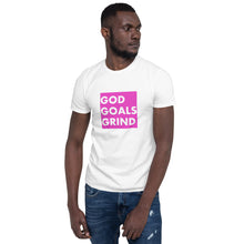 Load image into Gallery viewer, GOD GOALS GRIND Unisex Tee (White Print/Fuchsia Pink Box)
