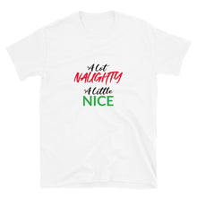 Load image into Gallery viewer, Naughty/Nice Unisex Tee (Black/Red/Green Print)