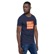 Load image into Gallery viewer, GOD GOALS GRIND Unisex Tee (White Print/Orange Box)