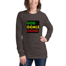 Load image into Gallery viewer, GOD GOALS GRIND Unisex Long Sleeve Tee (Green/Yellow/Red Print)