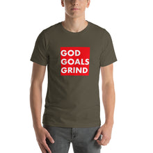 Load image into Gallery viewer, GOD GOALS GRIND Unisex Tee (White Print/Red Box)