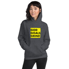 Load image into Gallery viewer, GOD GOALS GRIND Unisex Hoodie (Black print / Gold box)