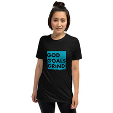 Load image into Gallery viewer, GOD GOALS GRIND Unisex Tee (Black Print/Teal Box)