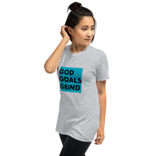 Load image into Gallery viewer, GOD GOALS GRIND Unisex Tee (Black Print/Teal Box)