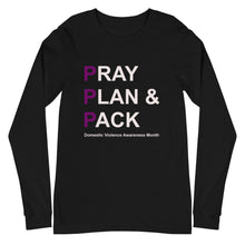 Load image into Gallery viewer, PRAY PLAN PACK - DV Awareness Unisex Long Sleeve Tee (Purple/White Print)