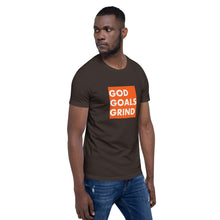 Load image into Gallery viewer, GOD GOALS GRIND Unisex Tee (White Print/Orange Box)