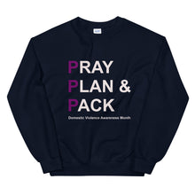 Load image into Gallery viewer, PRAY PLAN PACK - DV Awareness Unisex Sweatshirt (Purple/White Print)