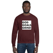 Load image into Gallery viewer, GOD GOALS GRIND Unisex Sweatshirt (Black Print/White Box)