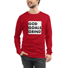 Load image into Gallery viewer, GOD GOALS GRIND Unisex Long Sleeve Tee (Black Print/White Box)