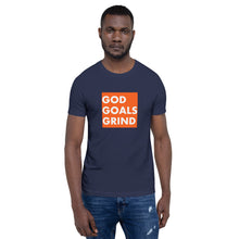 Load image into Gallery viewer, GOD GOALS GRIND Unisex Tee (White Print/Orange Box)