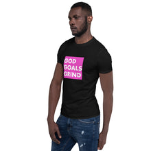 Load image into Gallery viewer, GOD GOALS GRIND Unisex Tee (White Print/Fuchsia Pink Box)