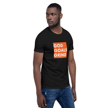 Load image into Gallery viewer, GOD GOALS GRIND Unisex Tee (White Print/Orange Box)