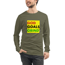 Load image into Gallery viewer, GOD GOALS GRIND Unisex Long Sleeve Tee (Red/Black/Green Print)
