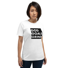 Load image into Gallery viewer, GOD GOALS GRIND Unisex Tee (White Print/Black Box)