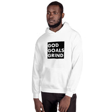 Load image into Gallery viewer, GOD GOALS GRIND Unisex Hoodie (White print / Black box)