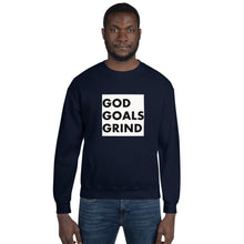 Load image into Gallery viewer, GOD GOALS GRIND Unisex Sweatshirt (Black Print/White Box)