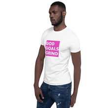 Load image into Gallery viewer, GOD GOALS GRIND Unisex Tee (White Print/Fuchsia Pink Box)