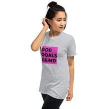 Load image into Gallery viewer, GOD GOALS GRIND Unisex Tee (Black Print/Fuchsia Pink Box)
