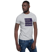 Load image into Gallery viewer, GOD GOALS GRIND Unisex Tee (Gray Print/Navy Box)