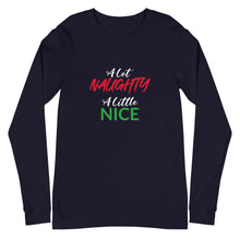 Load image into Gallery viewer, Naughty/Nice Unisex Long Sleeve Tee (White/Red/Green Print)