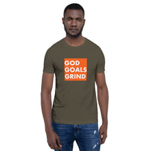 Load image into Gallery viewer, GOD GOALS GRIND Unisex Tee (White Print/Orange Box)